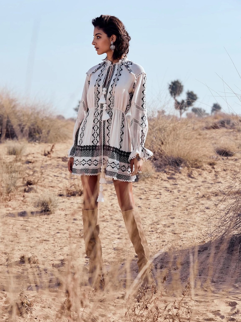 Hemant and Nandita Ivory Black Embroidered Boho Tassel Mini Dress M NWT